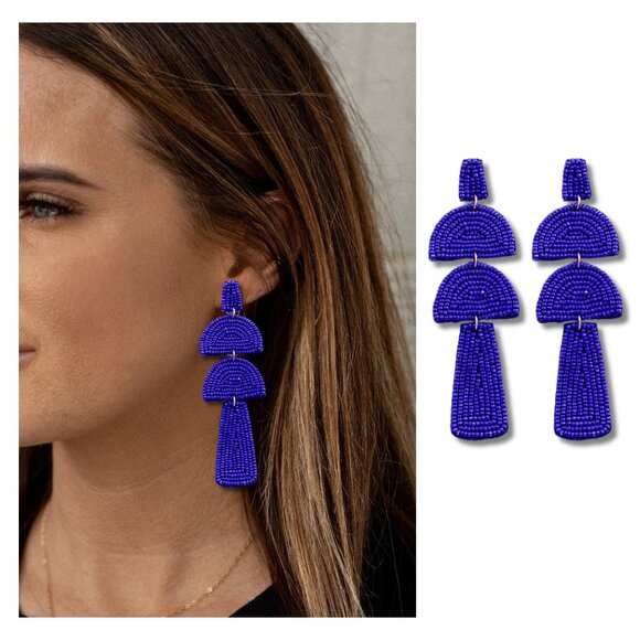 Seed Beaded Long Statement Earrings Geometric Design in Red or Royal Blue NEW - Picture 5 of 5